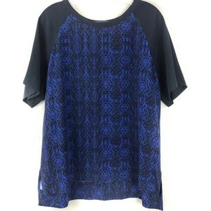 Vince Silk Blouse Cobalt Blue Print Short Sleeve